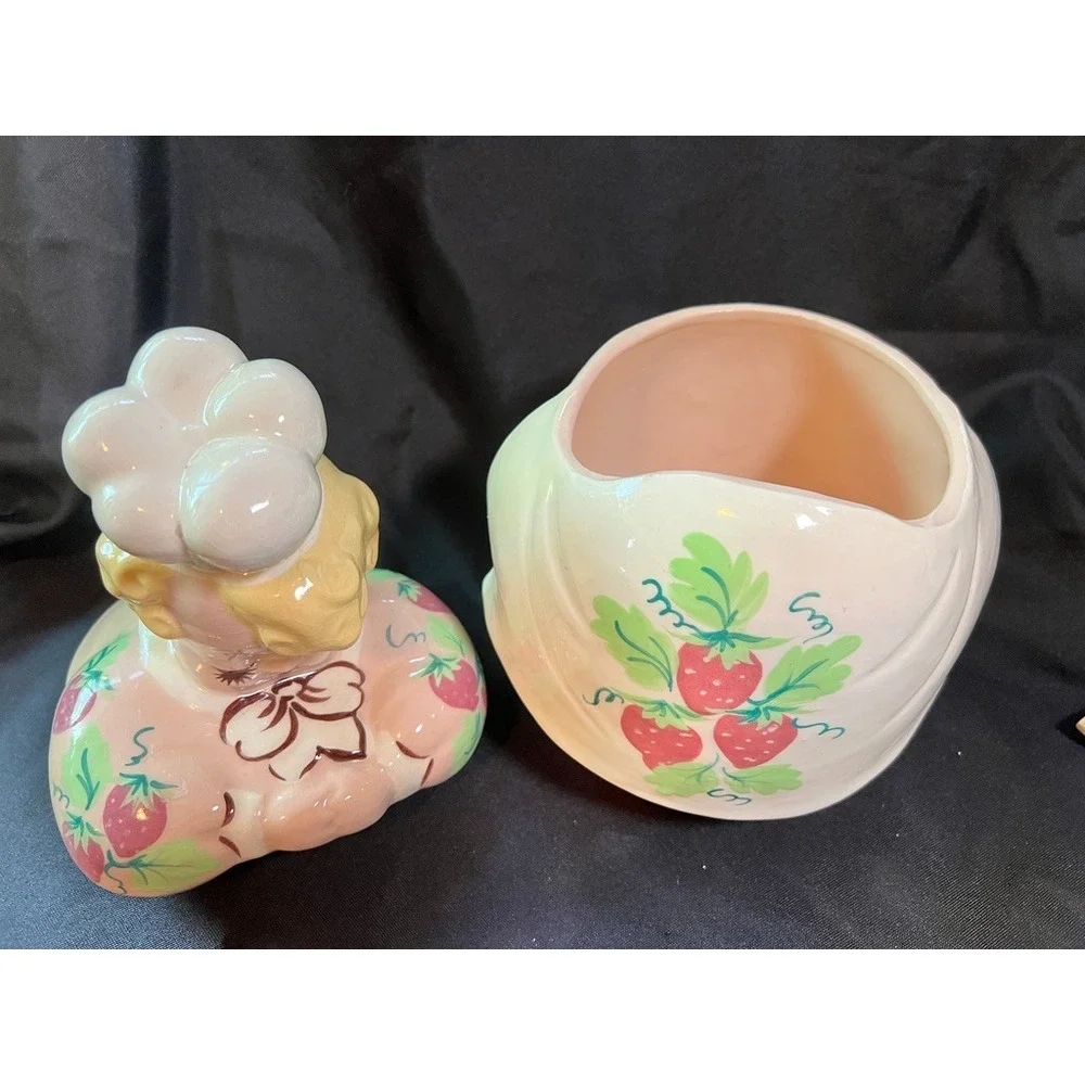 Vintage American Bisque Strawberry Girl Cookie Jar Pink Dress Hand Painted 1940s